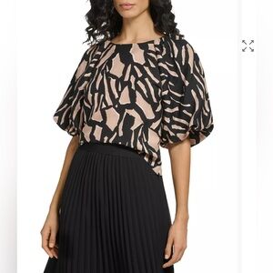 DKNY Black and Blush Abstract Puff Sleeve Blouse